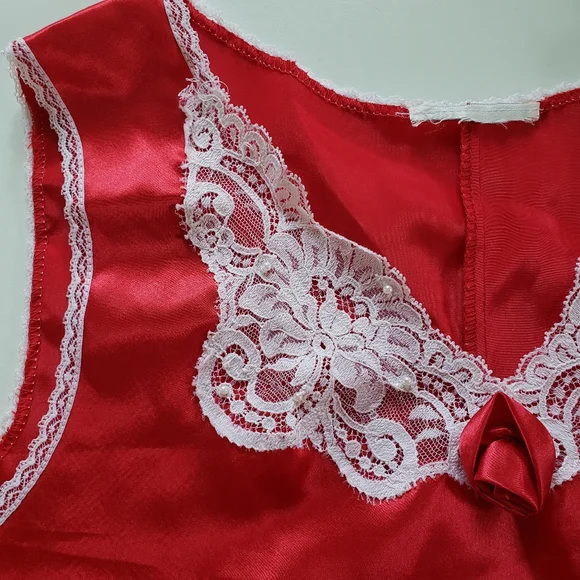 Vintage Red Satin Slip Dress Nightie Lace Rosette Beads Romantic Dark Coquette - Picture 8 of 12